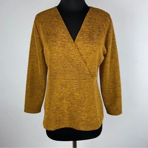 Ann Taylor Factory Women’s Textured Brown Long Sleeve V-Neck Top Tunic Faux Wrap